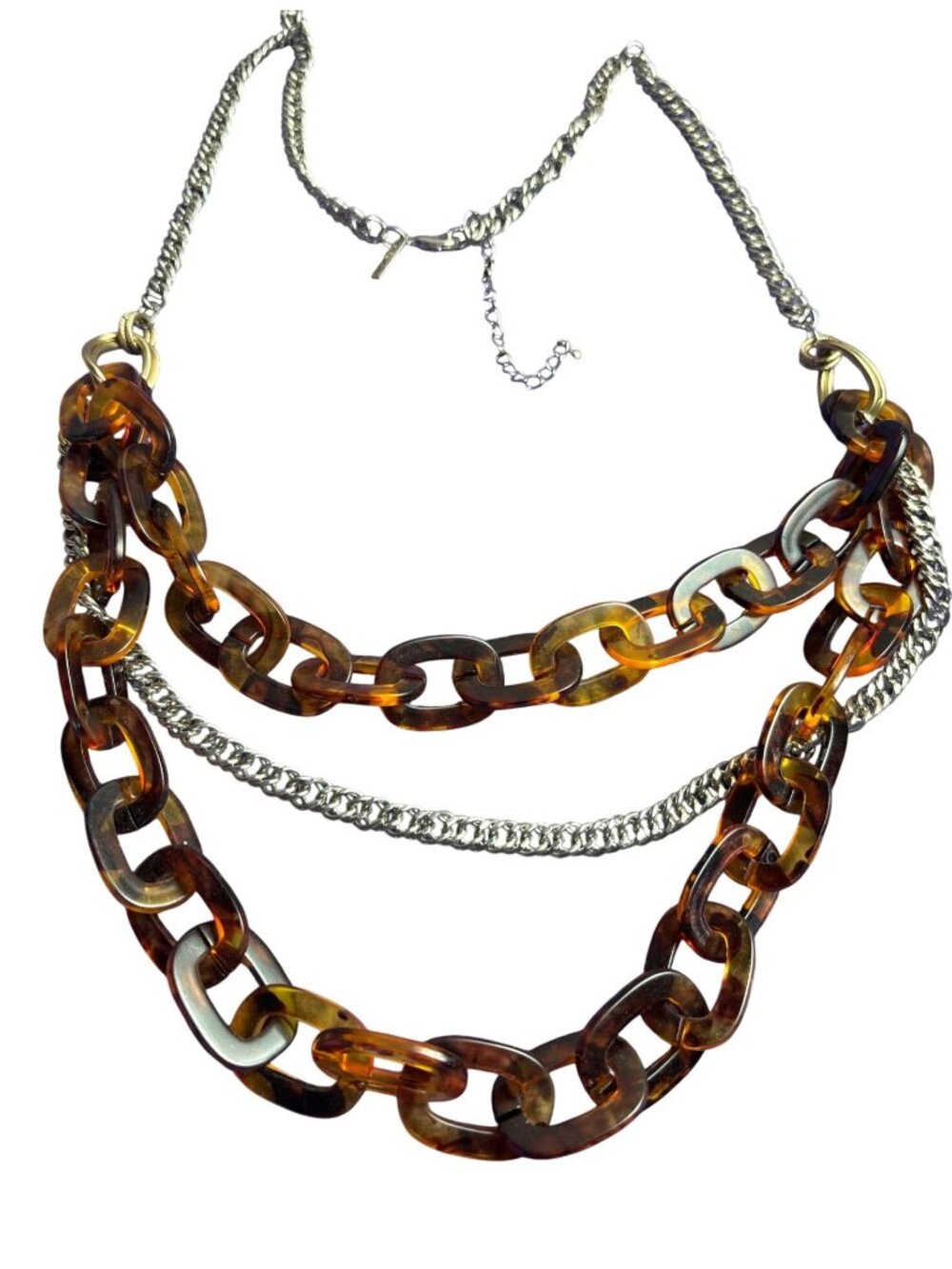 Lane Bryant Plastic Faux Tortoiseshell Chain Necklace Silvertone Multi Strand